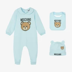 Moschino Baby Blue Teddy Bear Cotton Babysuit Set Discount