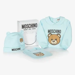 Moschino Baby Blue Teddy Bear Cotton Babysuit Set Discount