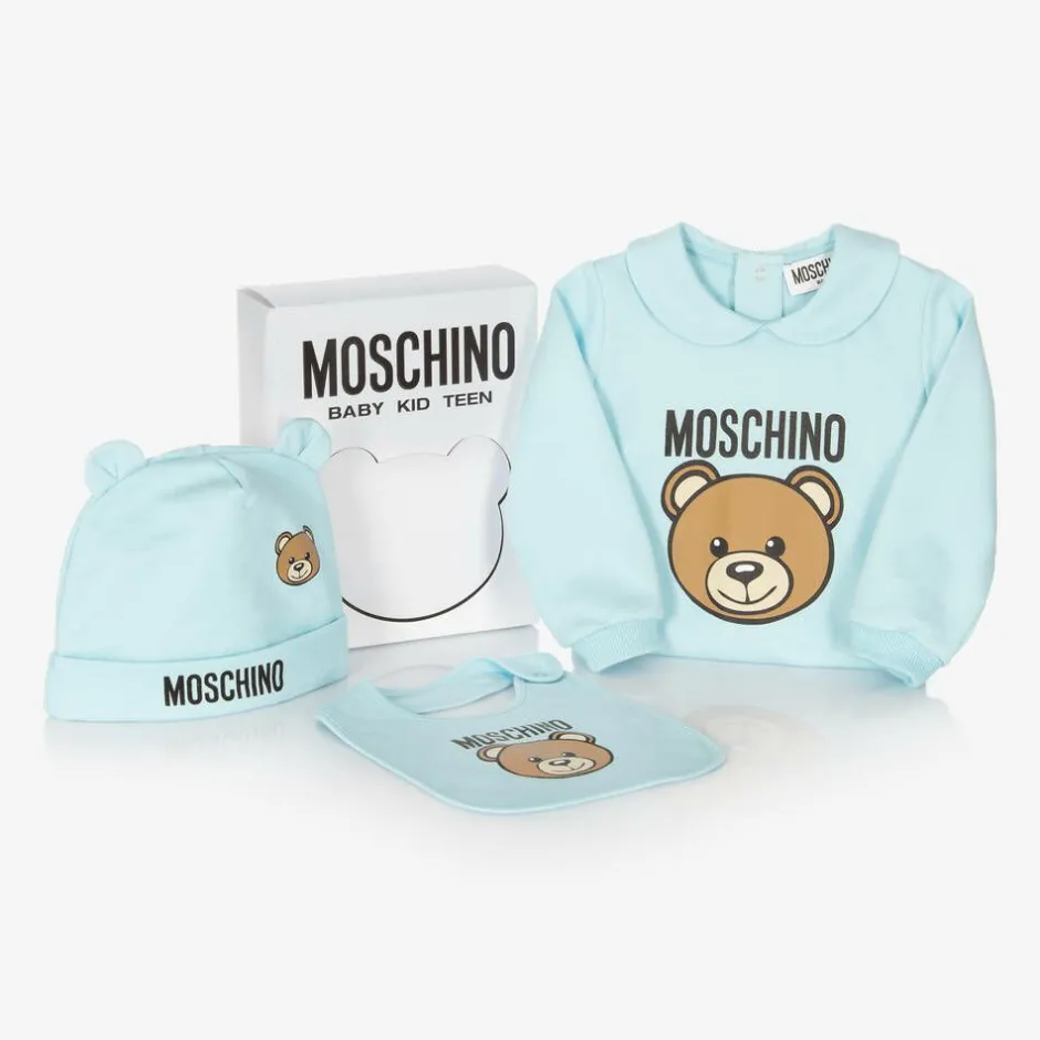 Moschino Baby Blue Teddy Bear Cotton Babysuit Set Discount