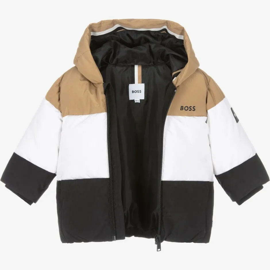 BOSS Boys Beige & Black Stripe Hooded Coat Clearance
