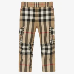 Burberry Boys Beige Cotton Check Cargo Trousers Outlet