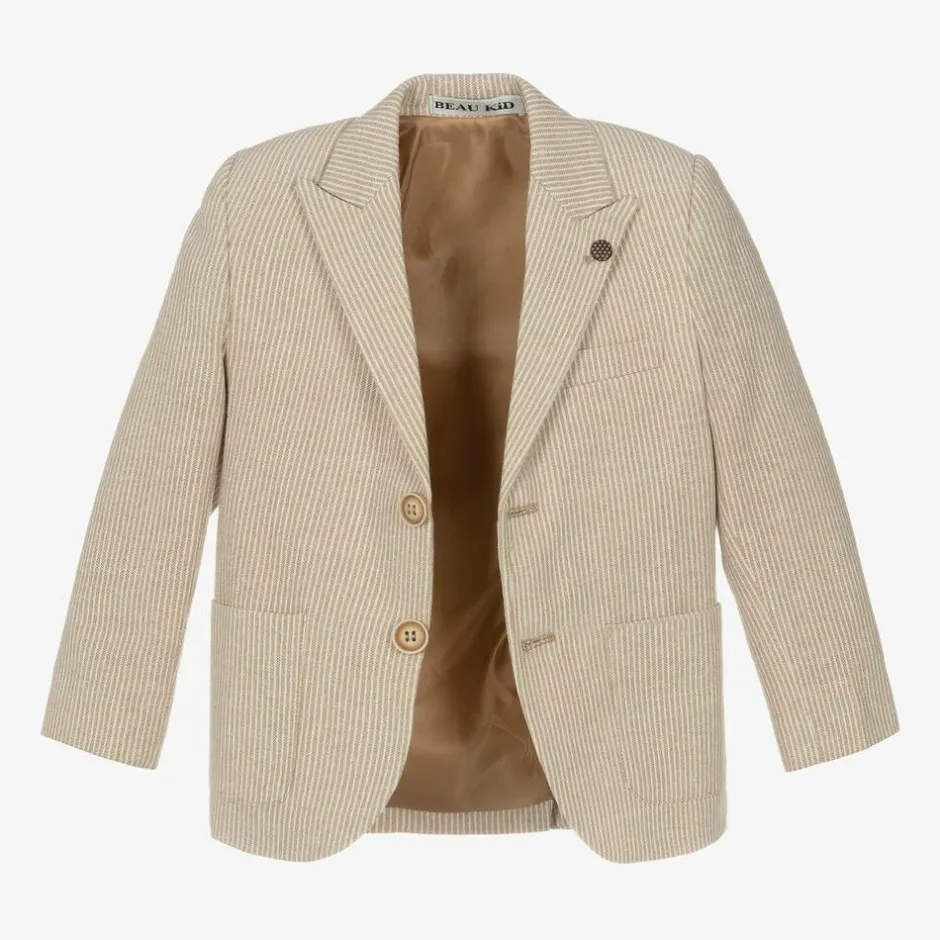 Beau KiD Boys Beige Cotton Stripe Shorts Suit Clearance