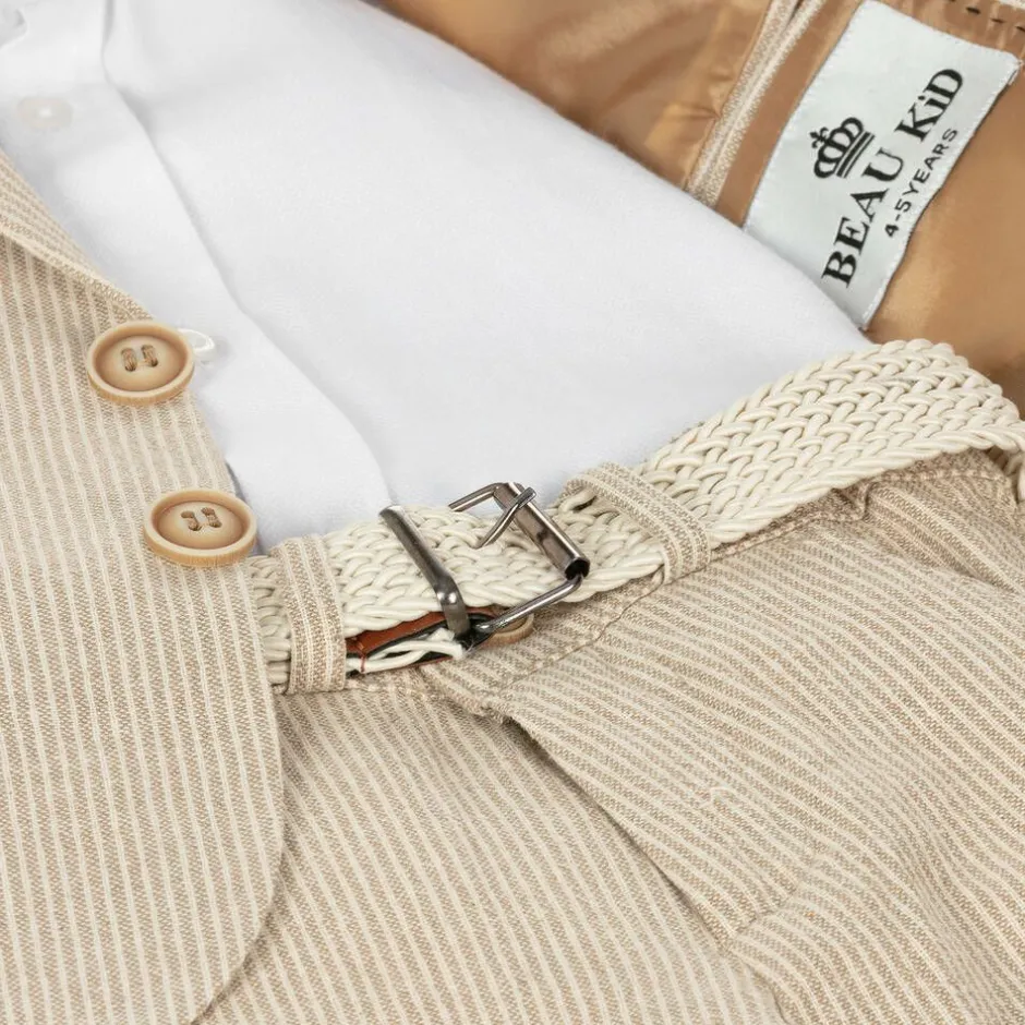Beau KiD Boys Beige Cotton Stripe Shorts Suit Clearance