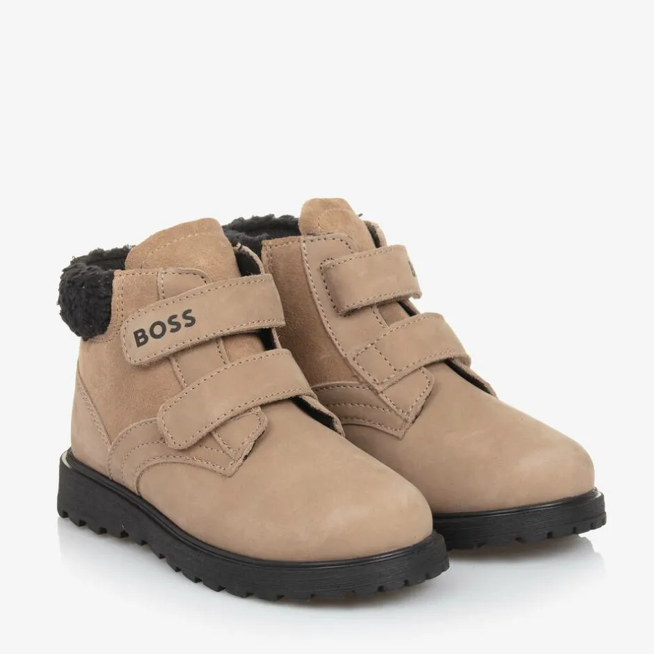 BOSS Boys Beige Leather Ankle Boots Clearance
