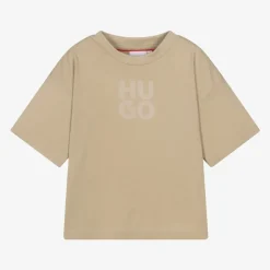 HUGO Boys Beige Organic Cotton Stacked Logo T-Shirt Discount