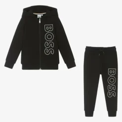 BOSS Boys Black Cotton Tracksuit Discount