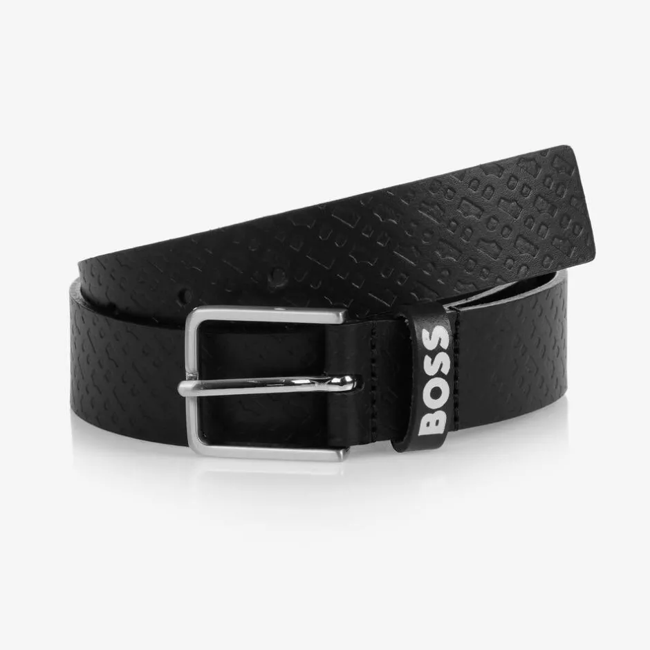 BOSS Boys Black Leather Monogram Belt Discount