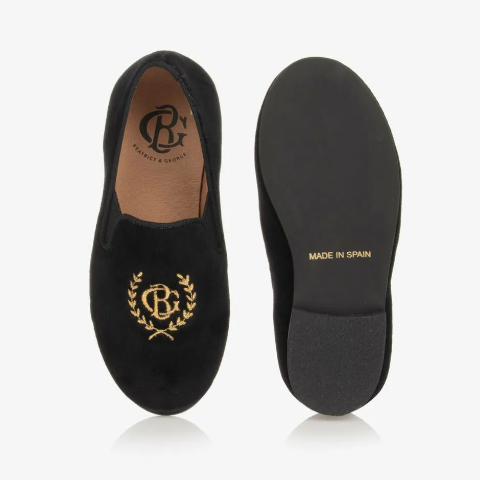 Beatrice amp; George Boys Black Velvet Monogram Loafers Outlet