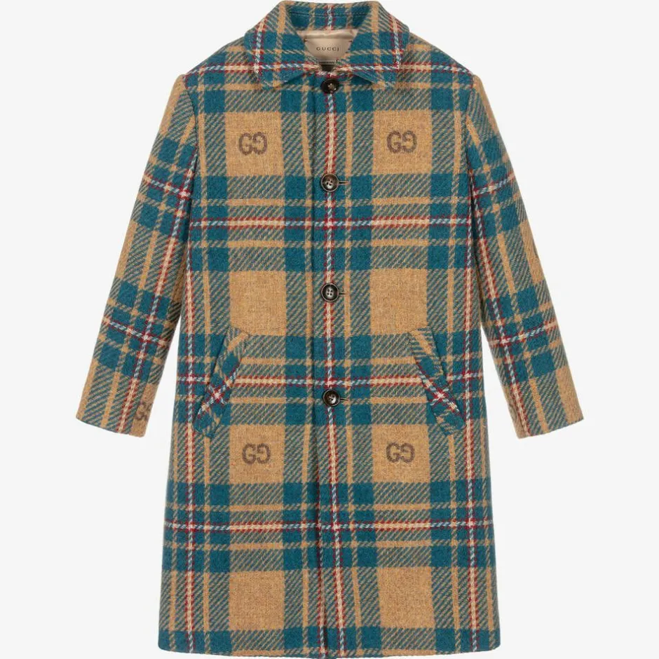 Gucci Boys Blue & Beige GG Check Wool Coat Clearance