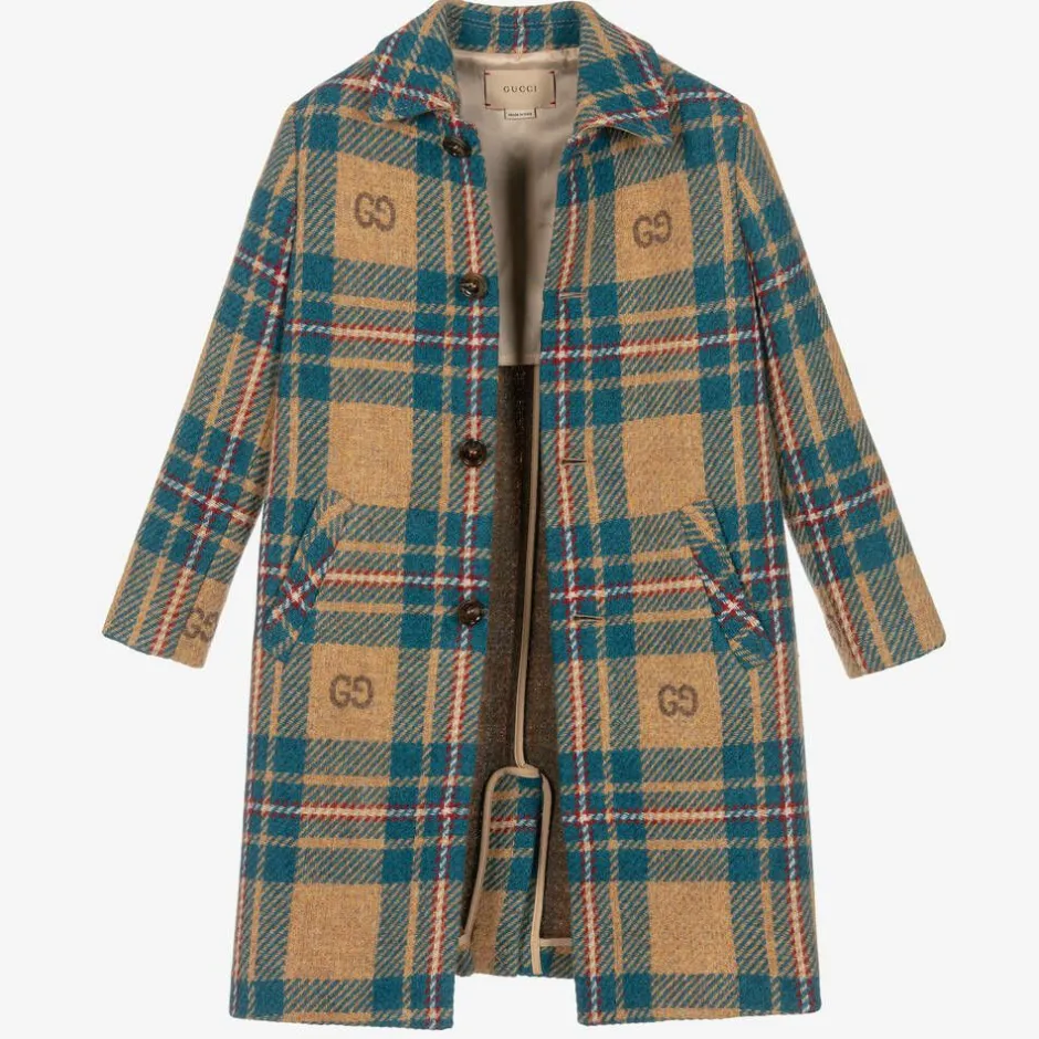 Gucci Boys Blue & Beige GG Check Wool Coat Clearance