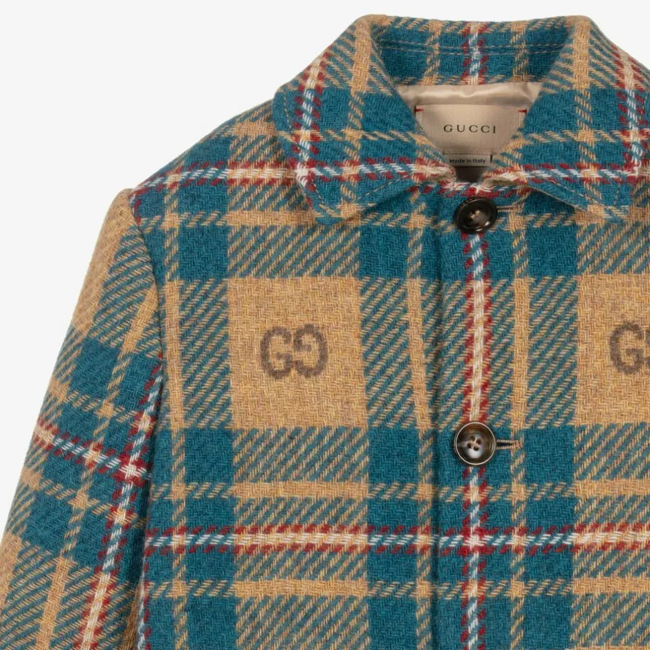 Gucci Boys Blue & Beige GG Check Wool Coat Clearance