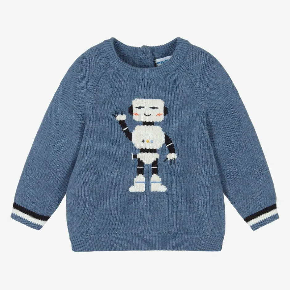 Mayoral Boys Blue Cotton & Wool Knit Robot Sweater