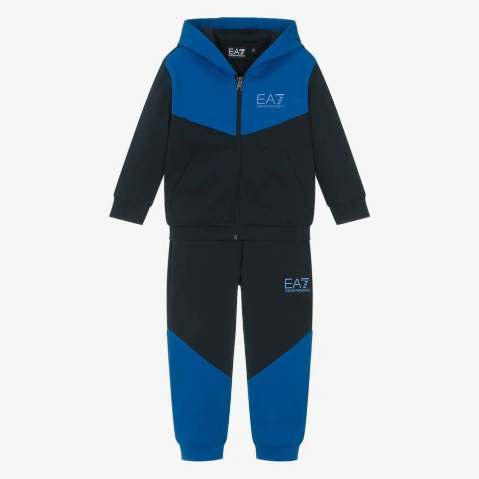 EA7 Emporio Armani Boys Blue Cotton Colourblock Tracksuit Clearance