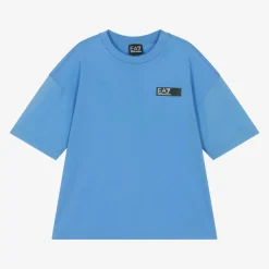 EA7 Emporio Armani Boys Blue Cotton EA7 Logo T-Shirt Clearance