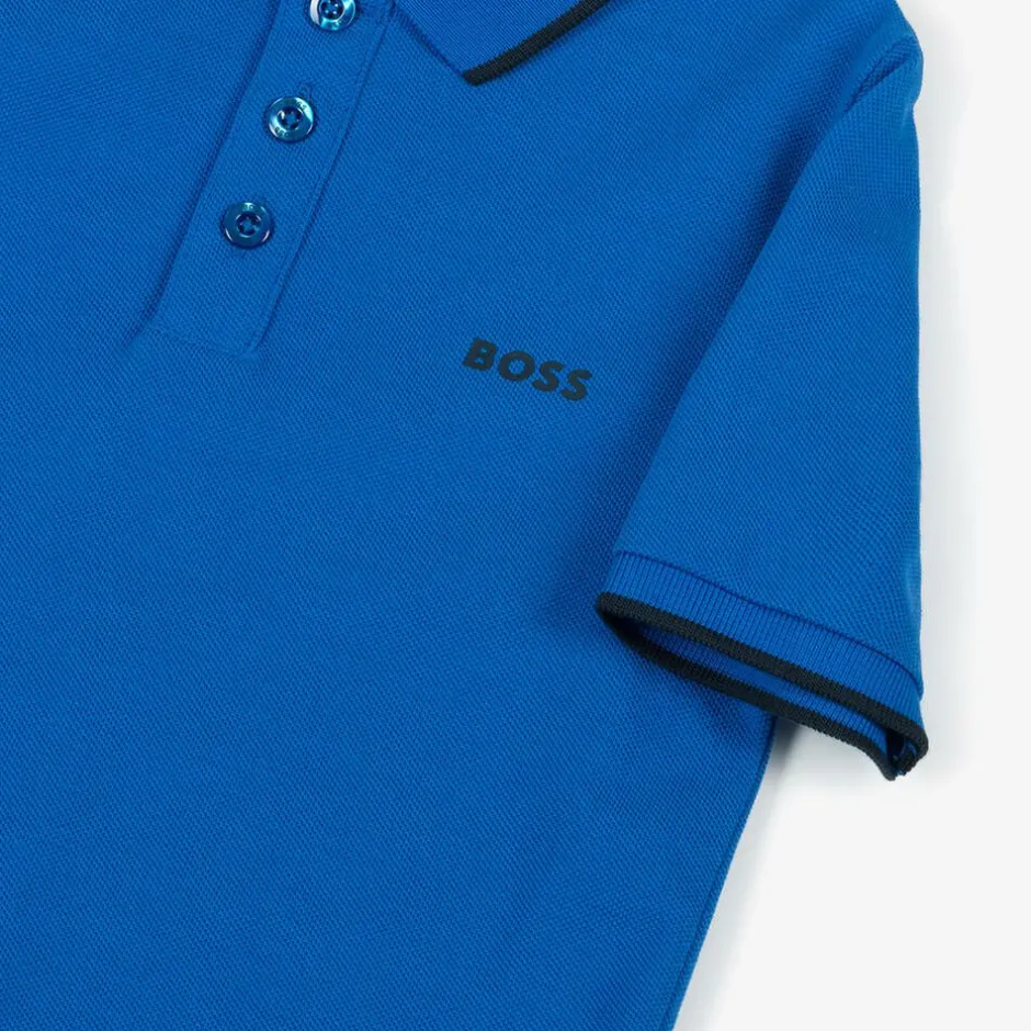BOSS Boys Blue Cotton Polo Shirt New