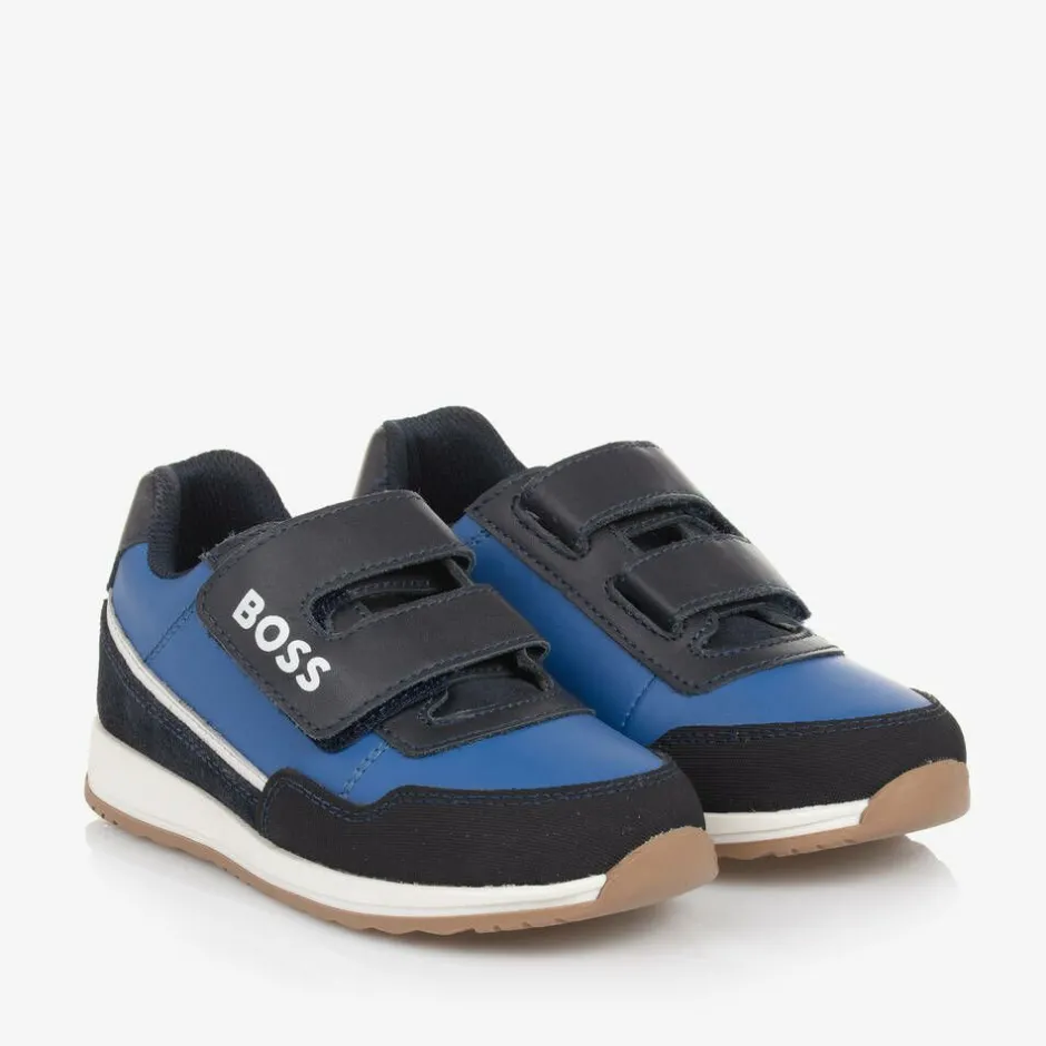 BOSS Boys Blue Leather Velcro Trainers Online