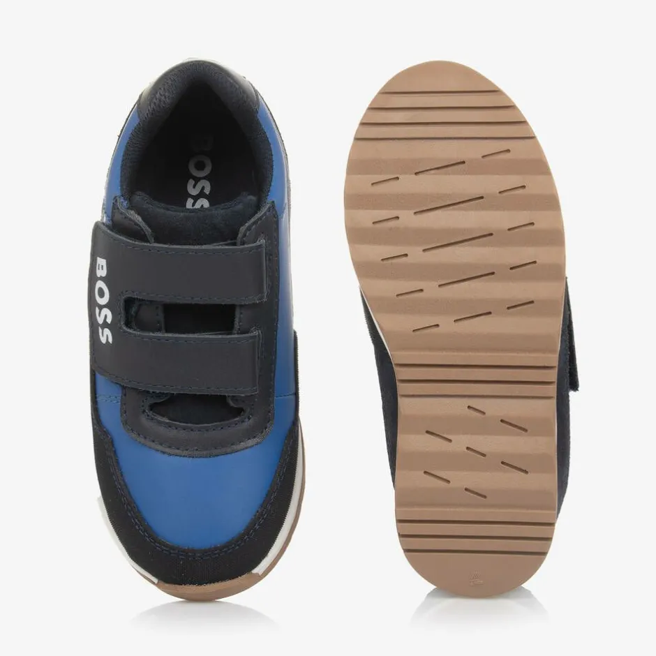 BOSS Boys Blue Leather Velcro Trainers Online