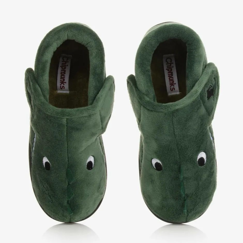 Chipmunks Boys Green Dinosaur Velcro Slippers New
