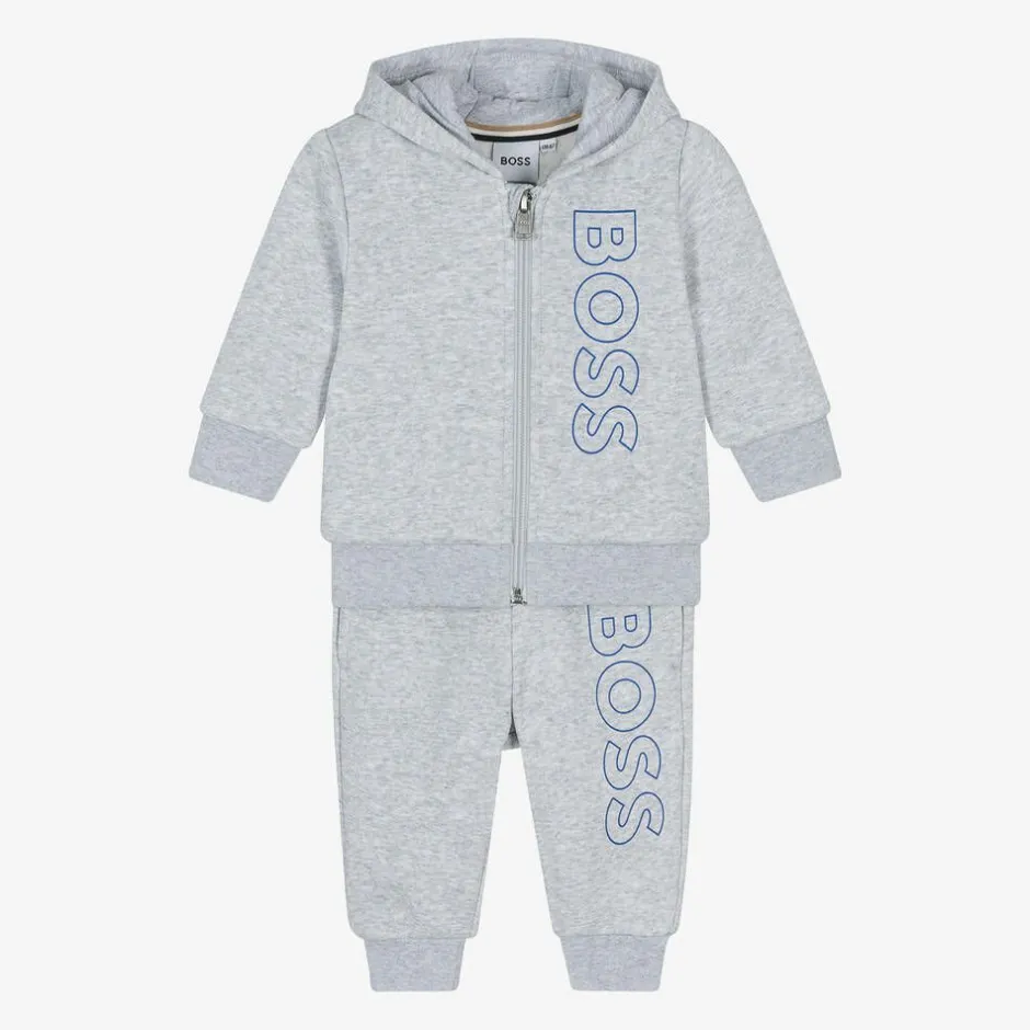 BOSS Boys Grey Marl Cotton Tracksuit Discount