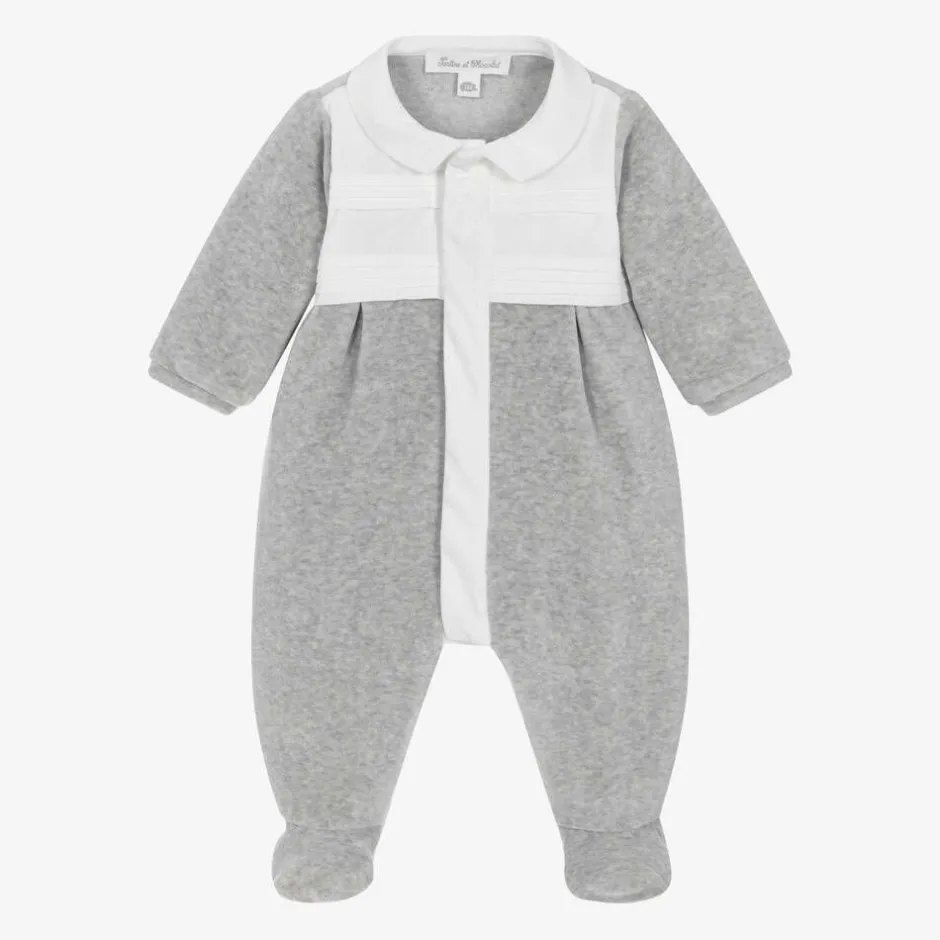 Tartine et Chocolat Boys Grey Velour Babygrow Outlet
