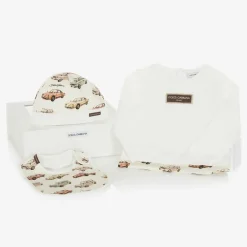 Dolce amp; Gabbana Boys Ivory Cotton Cars Babysuit Gift Set Clearance