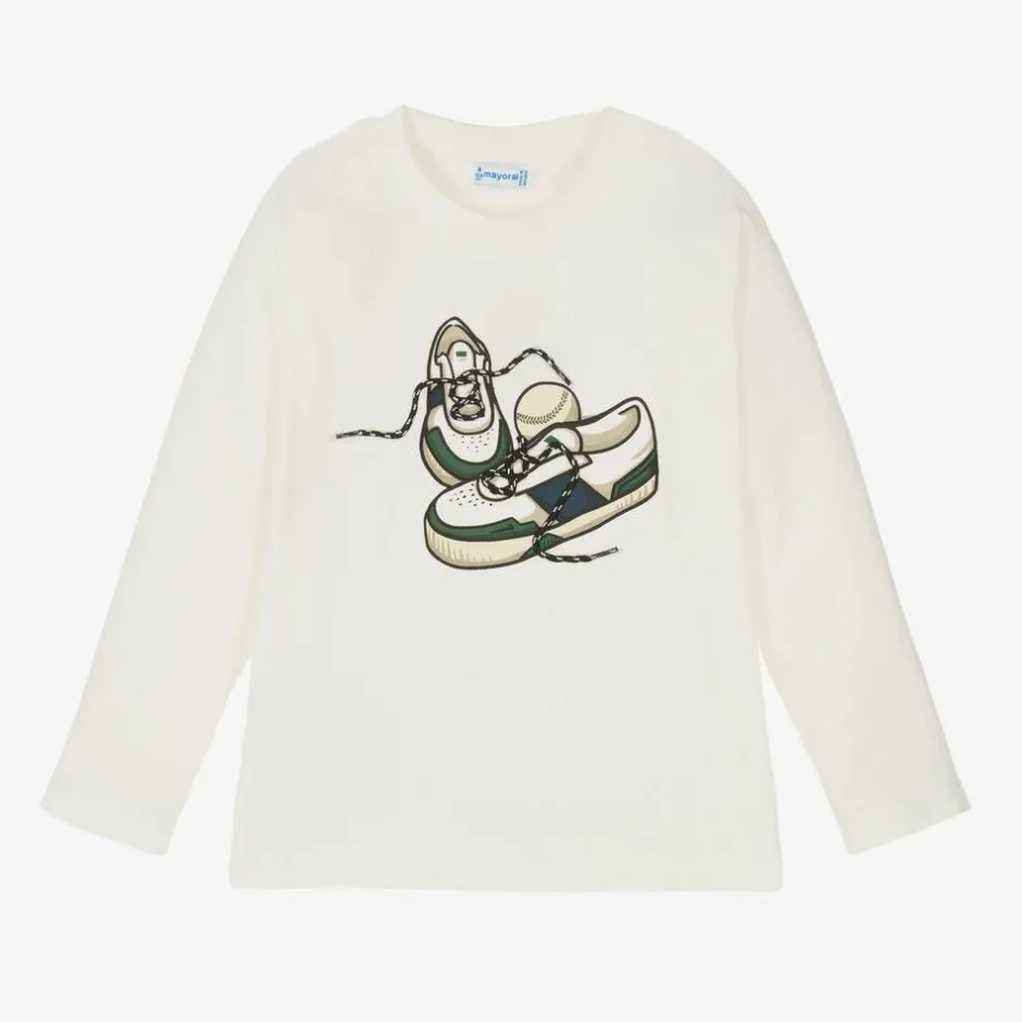 Mayoral Boys Ivory Trainer Print Cotton Top Sale
