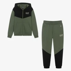 EA7 Emporio Armani Boys Khaki Green Cotton Colourblock Tracksuit Outlet
