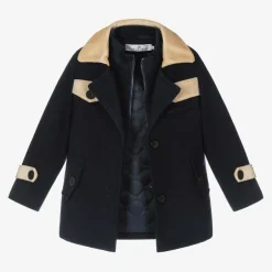 Beau KiD Boys Navy Blue & Beige Coat & Hat Set New