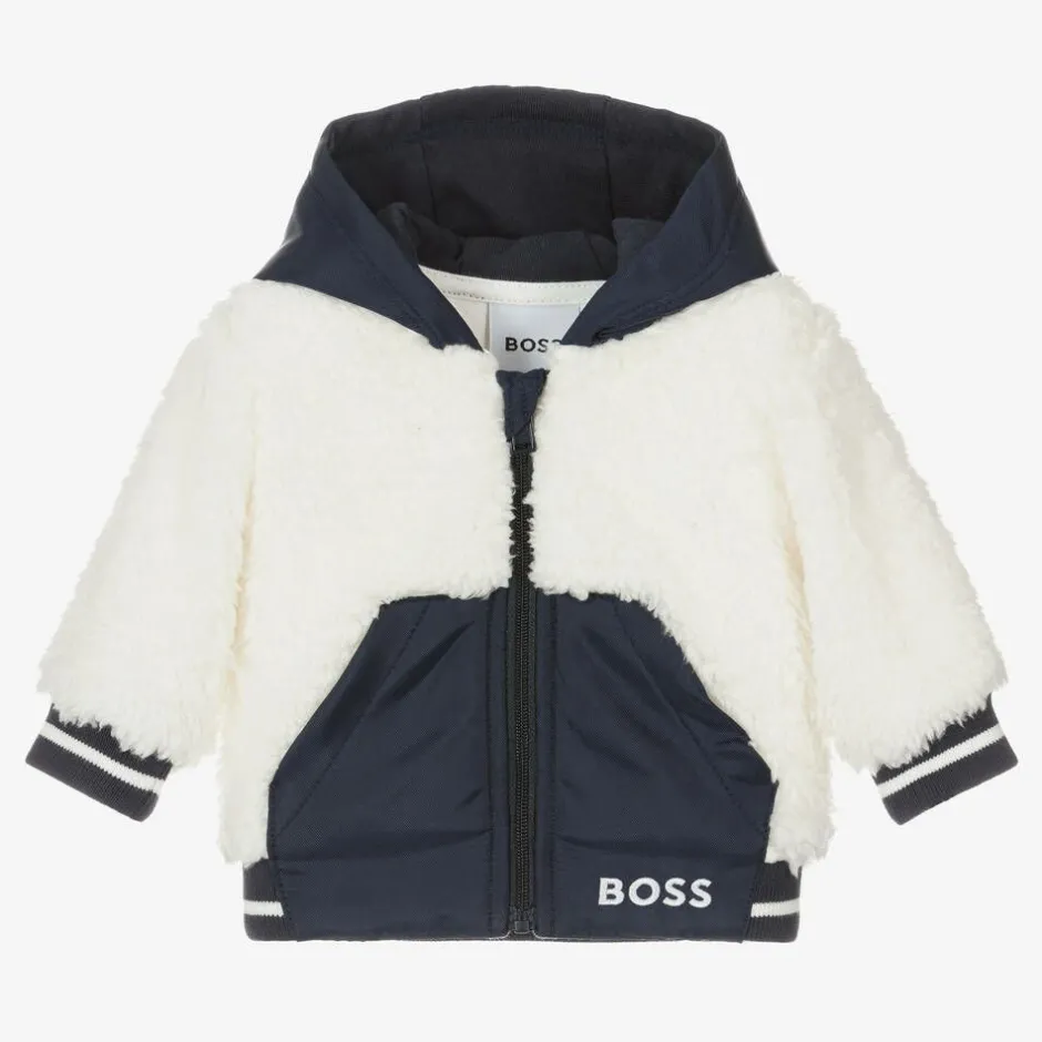 BOSS Boys Navy Blue & White Faux Fur Jacket Hot