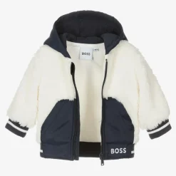 BOSS Boys Navy Blue & White Faux Fur Jacket Hot