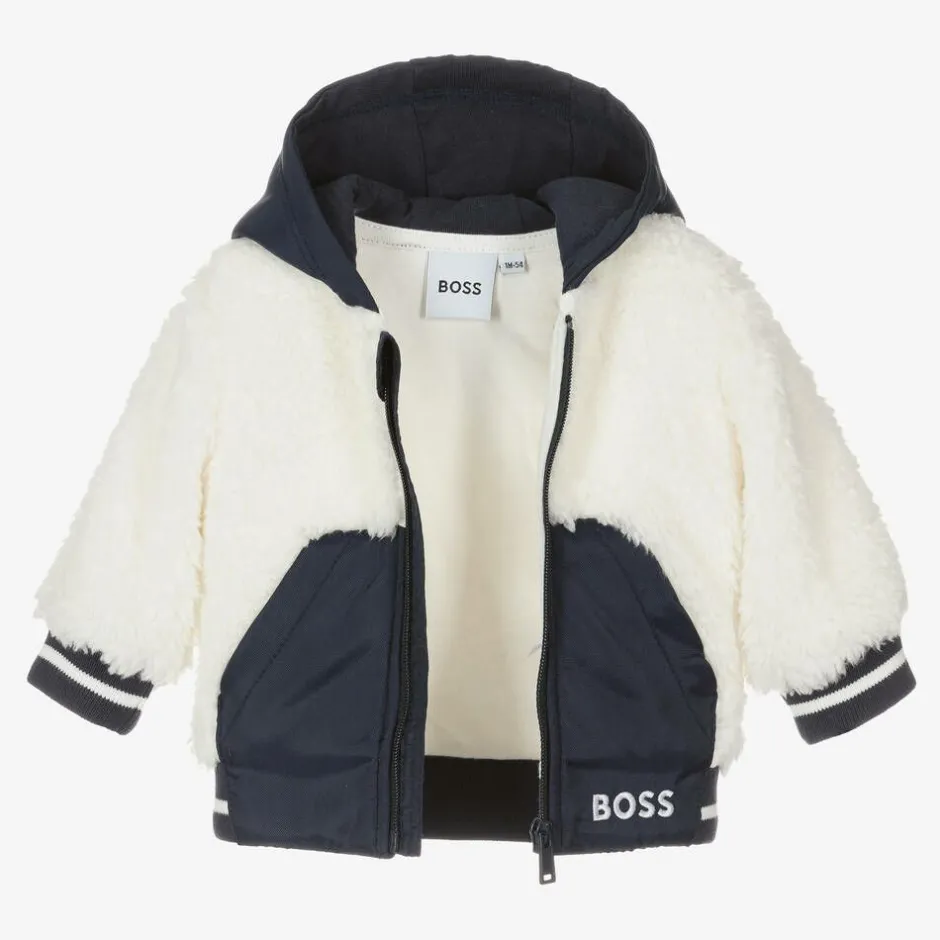 BOSS Boys Navy Blue & White Faux Fur Jacket Hot