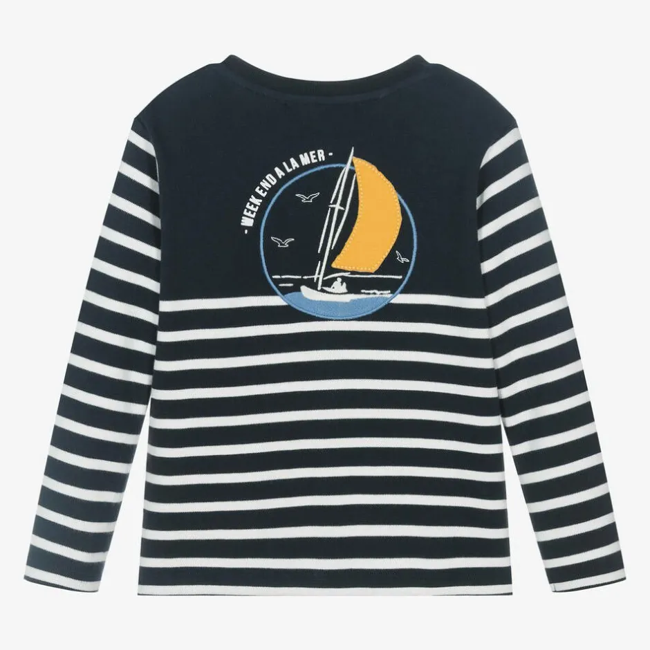 Week-end à la mer Boys Navy Blue & White Striped Cotton Top Clearance
