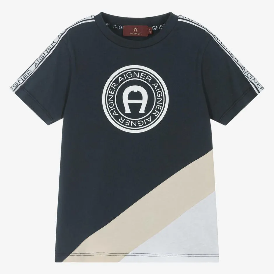 AIGNER Boys Navy Blue Cotton T-Shirt Outlet