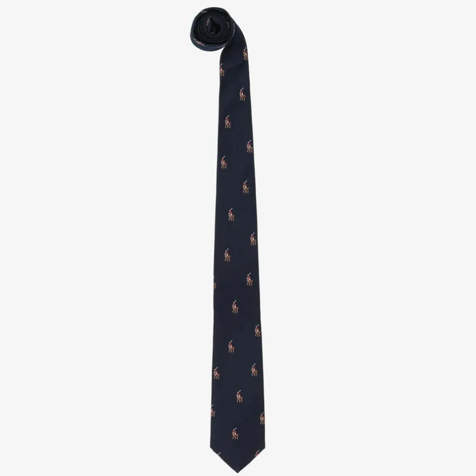 Ralph Lauren Boys Navy Blue Pony Logo Silk Tie Outlet