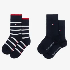 Tommy Hilfiger Boys Navy Blue Striped Cotton Socks (2 Pack) Outlet