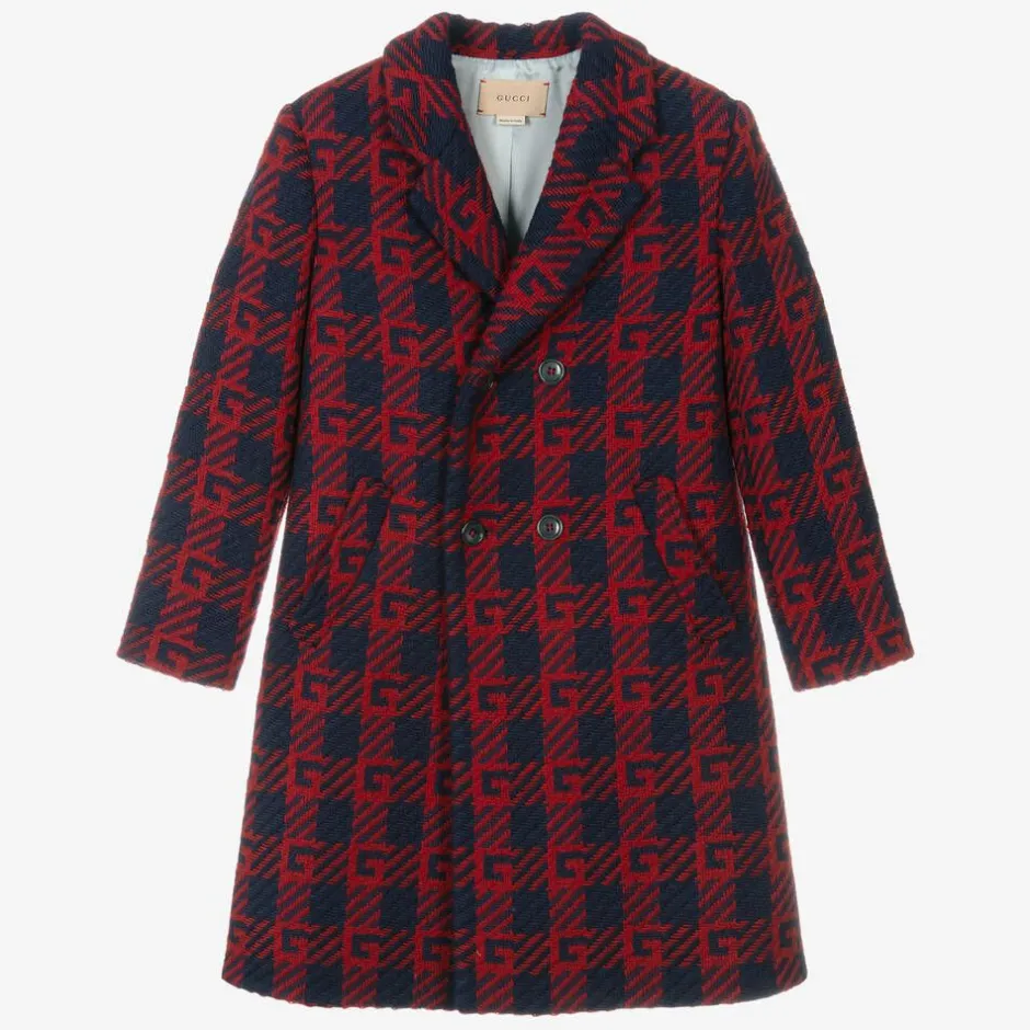 Gucci Boys Red & Blue Wool Logo Coat Hot