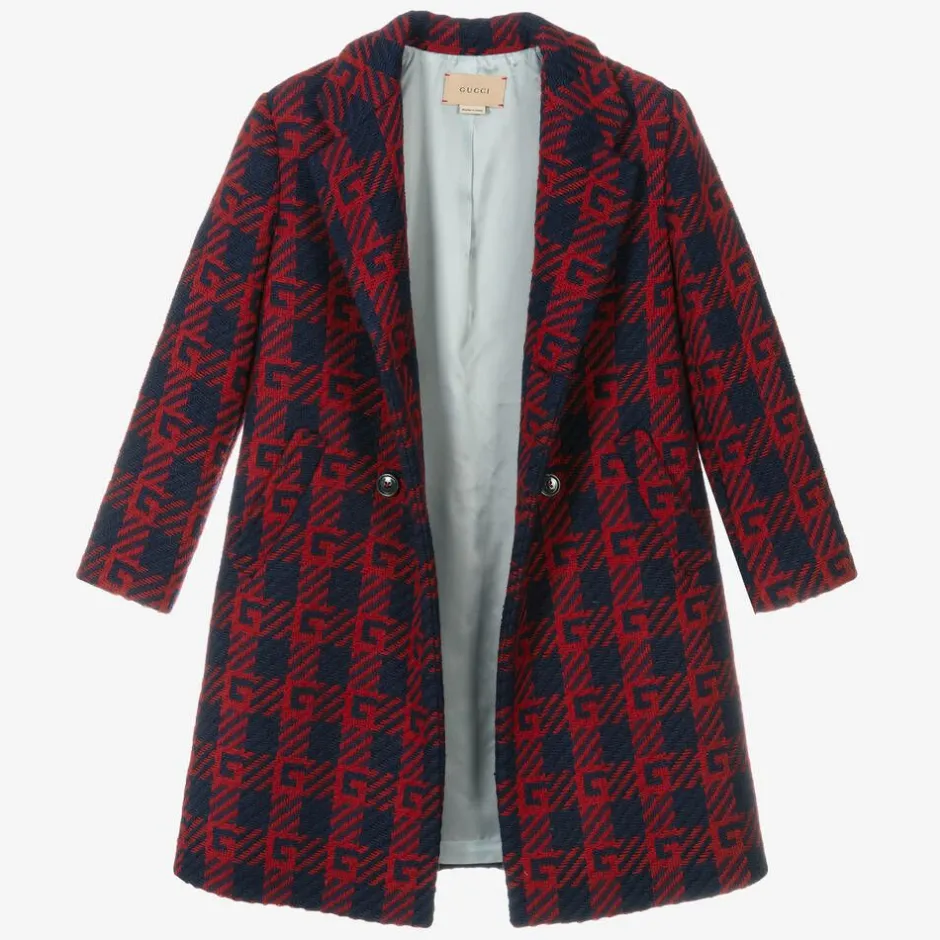 Gucci Boys Red & Blue Wool Logo Coat Hot