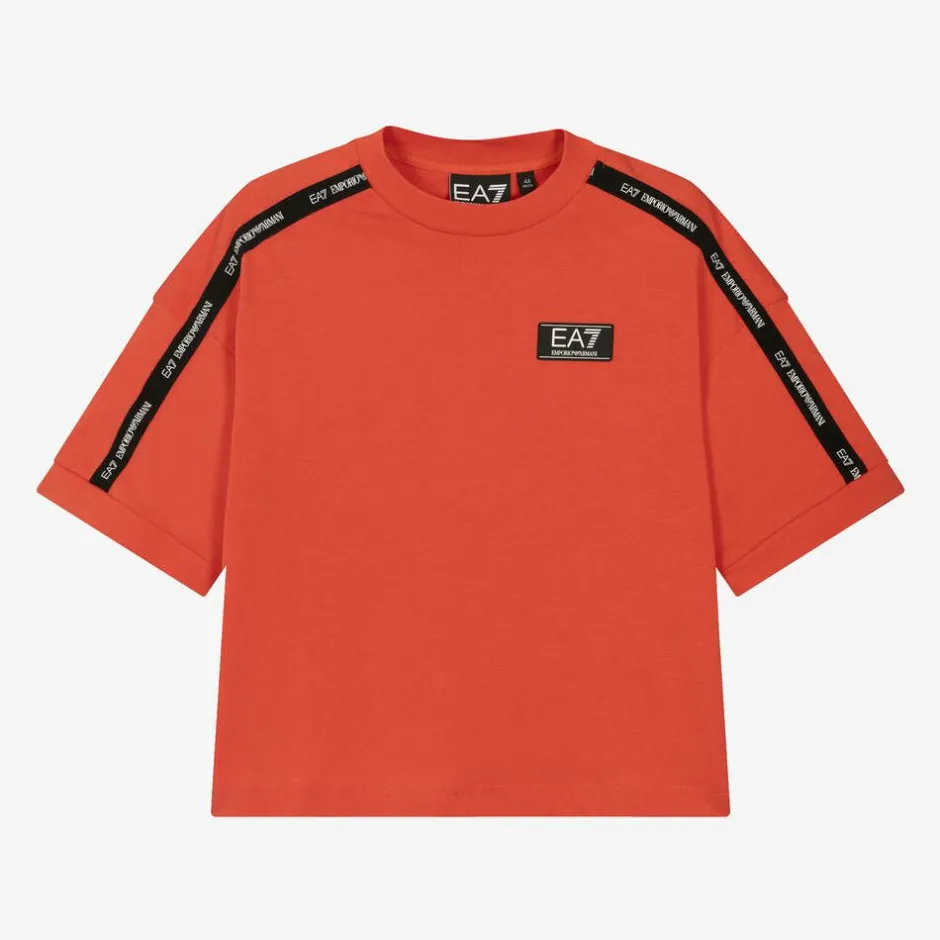 EA7 Emporio Armani Boys Red Cotton EA7 Logo T-Shirt Online