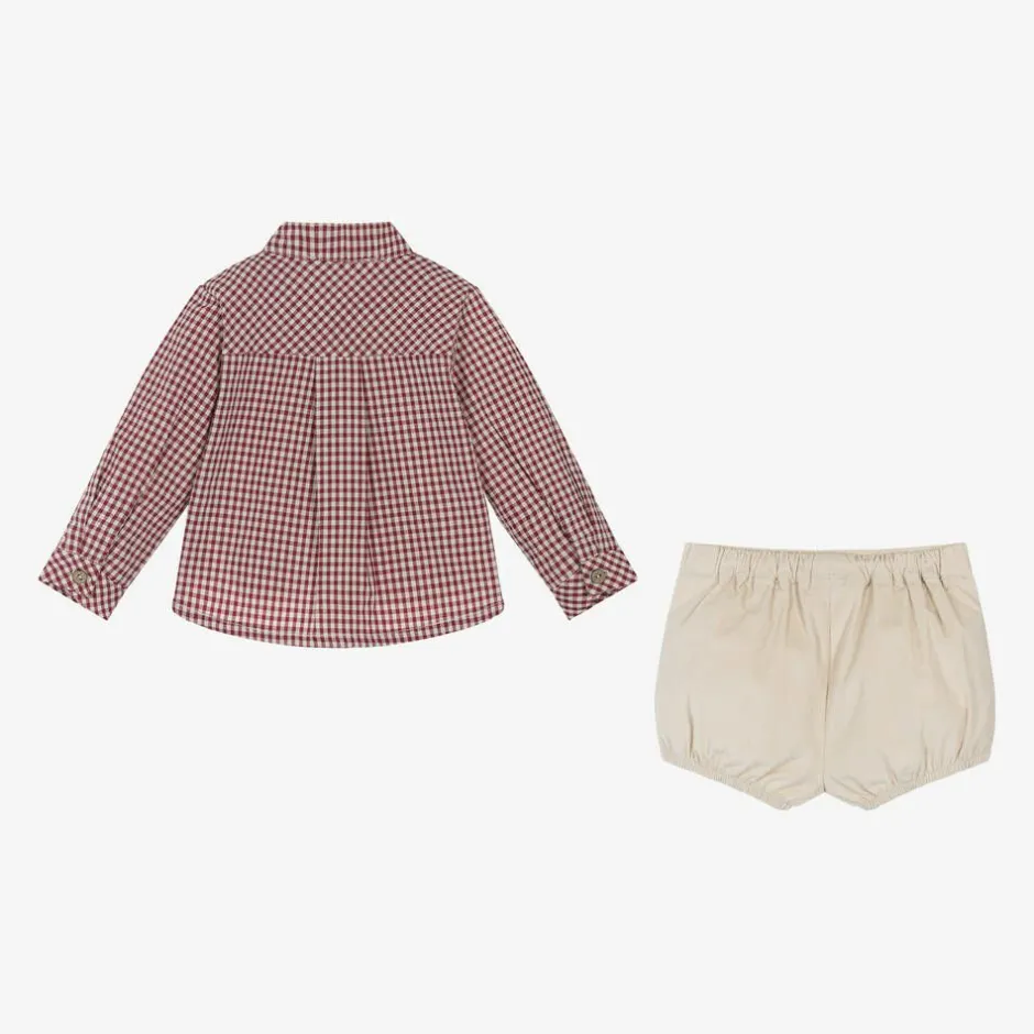 Babidu Boys Red Gingham & Beige Cotton Shorts Set Best