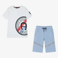 AIGNER Boys White & Blue Cotton Shorts Set Outlet