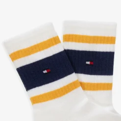 Tommy Hilfiger Boys White & Blue Striped Cotton Socks (2 Pack) Clearance