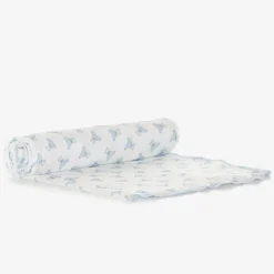 Magnolia Baby Boys White & Blue Pima Cotton Blanket (100cm) New
