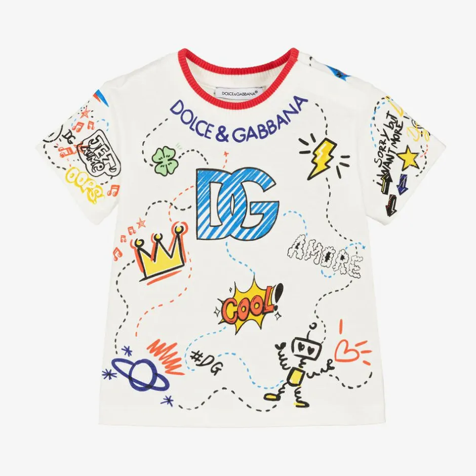 Dolce amp; Gabbana Boys White Cotton Graphic Print T-Shirt