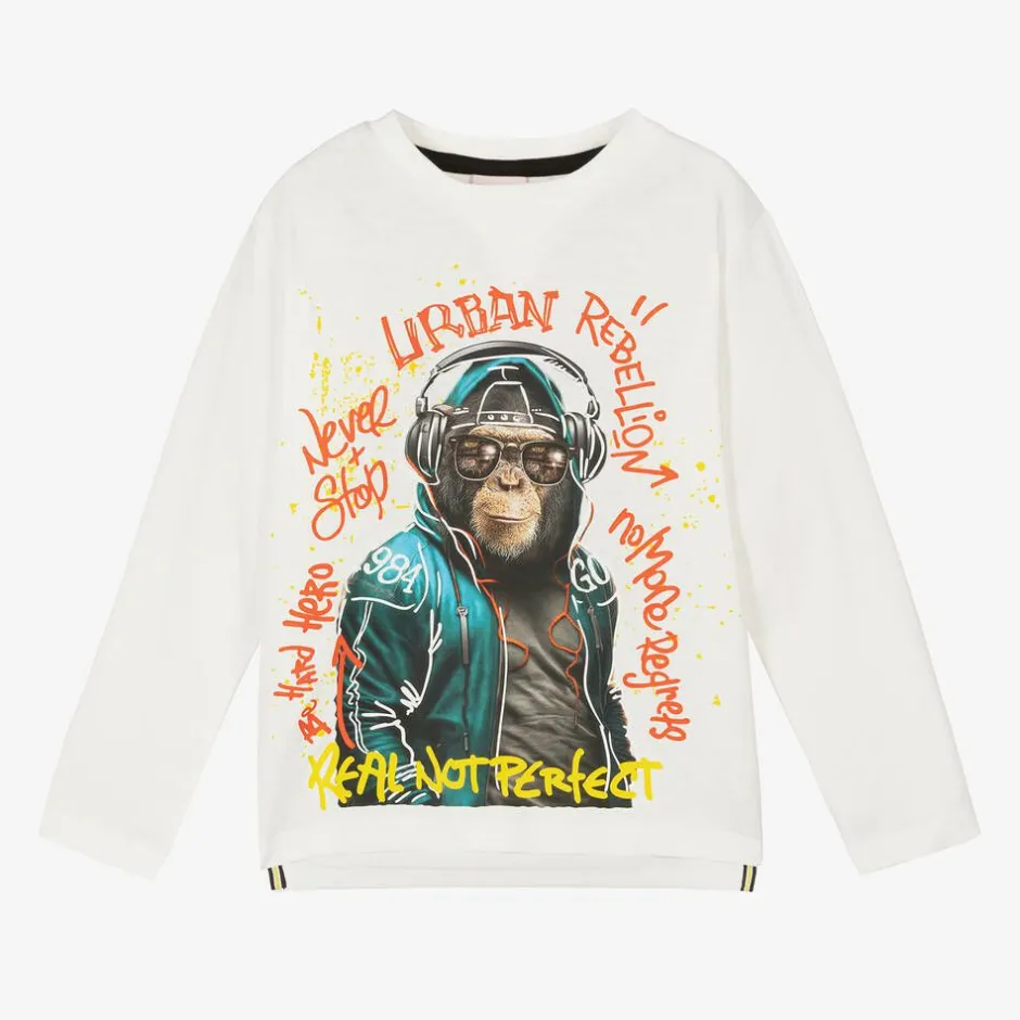 Boboli Boys White Cotton Slogan Monkey Top Clearance