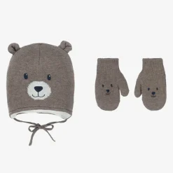 Mayoral Brown Cotton Bear Hat & Mittens Set Hot