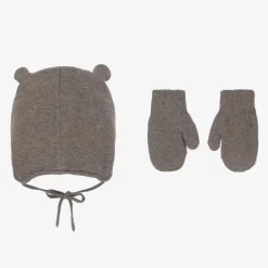 Mayoral Brown Cotton Bear Hat & Mittens Set Hot