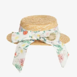 Patachou Girls Beige & Floral Trim Straw Hat Discount