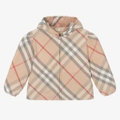 Burberry Girls Beige Check Hooded Jackets Clearance