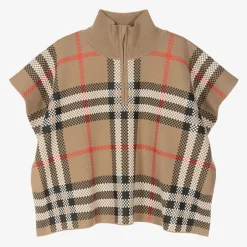 Burberry Girls Beige Check Wool Cape Discount