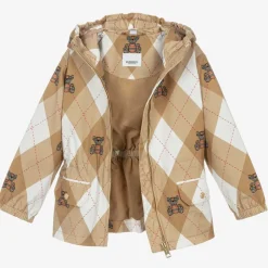 Burberry Girls Beige Cotton Argyle Hooded Jacket New